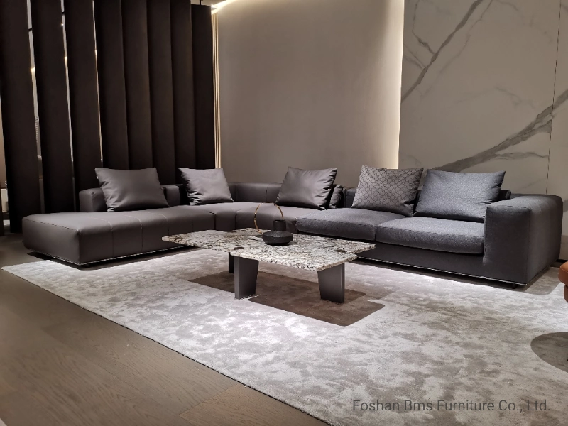 Modern Contemporary Italian Home Furniture for Villa Living Room Divan Corner Sectional Leather &amp; Fabric Sofa